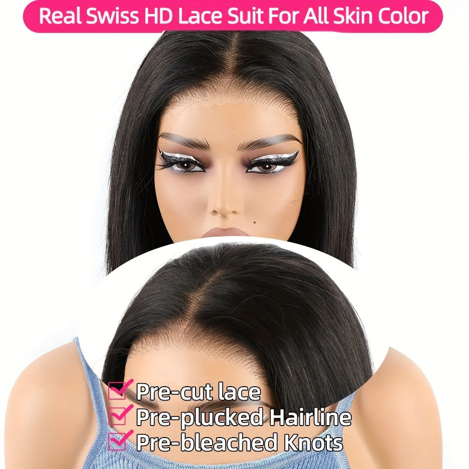 Glue-less Wigs 250% Density Human Hair (Pre Plucked Pre Cut Upgrade 4x4 HD Lace Closure  Straight Bob HD Lace Front Wigs Human Hair for Women)