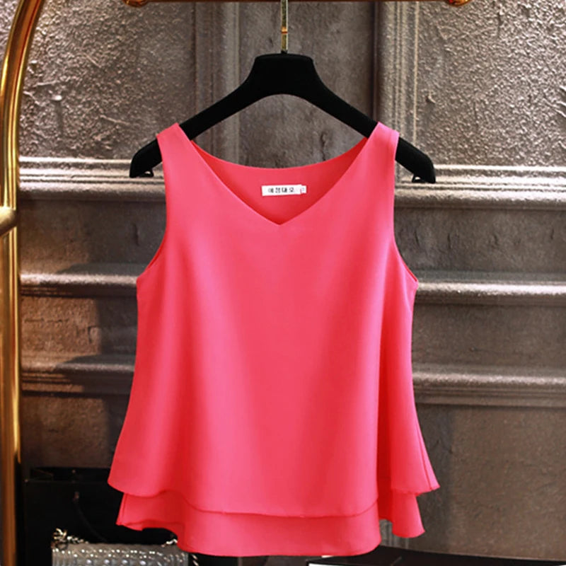 Women's Sleeveless Chiffon Shirt (Solid V-neck Casual Blouse Plus Size 5XL Loose Female Top)