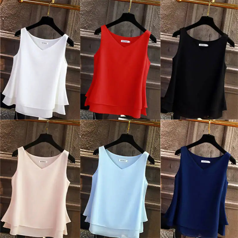 Women's Sleeveless Chiffon Shirt (Solid V-neck Casual Blouse Plus Size 5XL Loose Female Top)