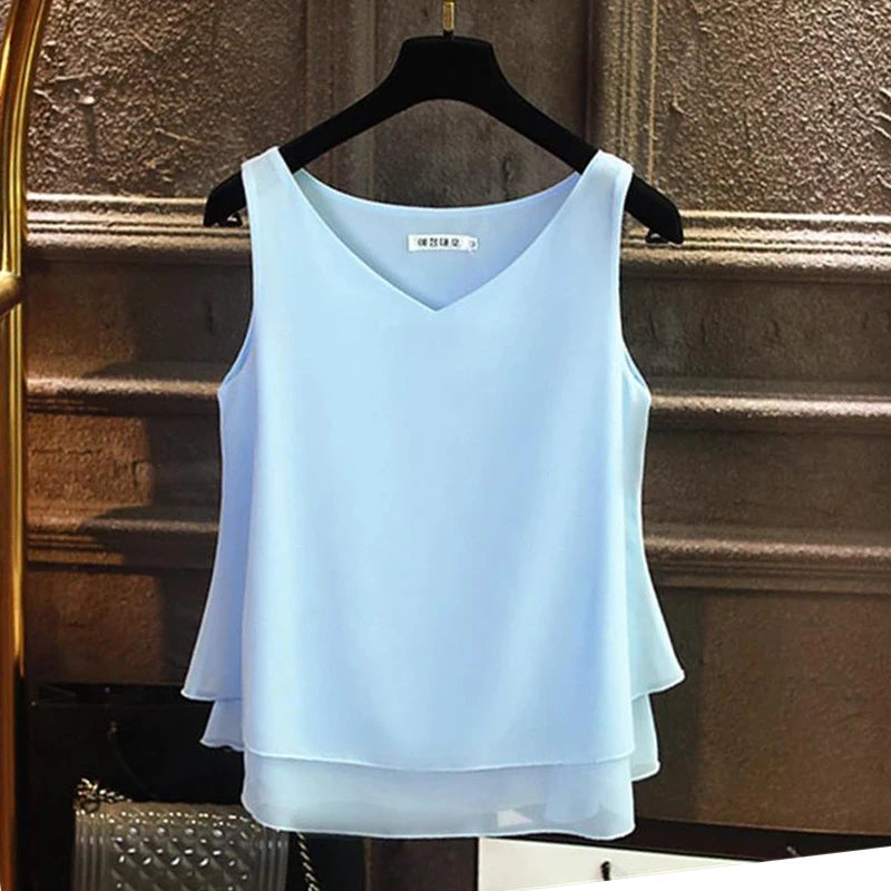 Women's Sleeveless Chiffon Shirt (Solid V-neck Casual Blouse Plus Size 5XL Loose Female Top)