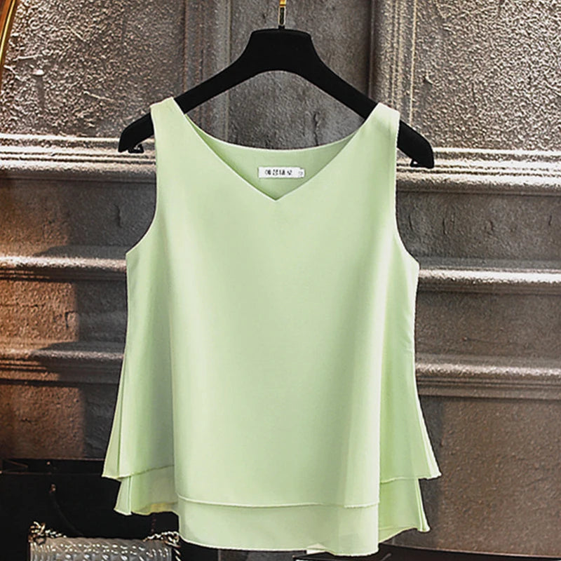 Women's Sleeveless Chiffon Shirt (Solid V-neck Casual Blouse Plus Size 5XL Loose Female Top)