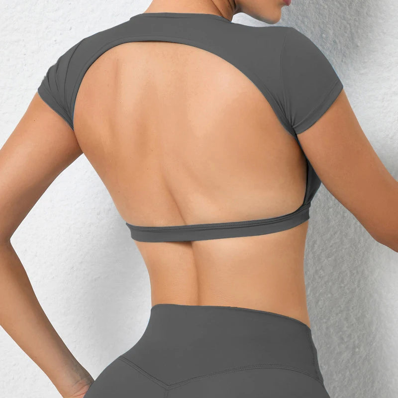 Backless Crop Tops (Sports Shirts Breathable Workout Tops Fitness Sportswear Female Yoga Clothing Sport Women Gym Top)