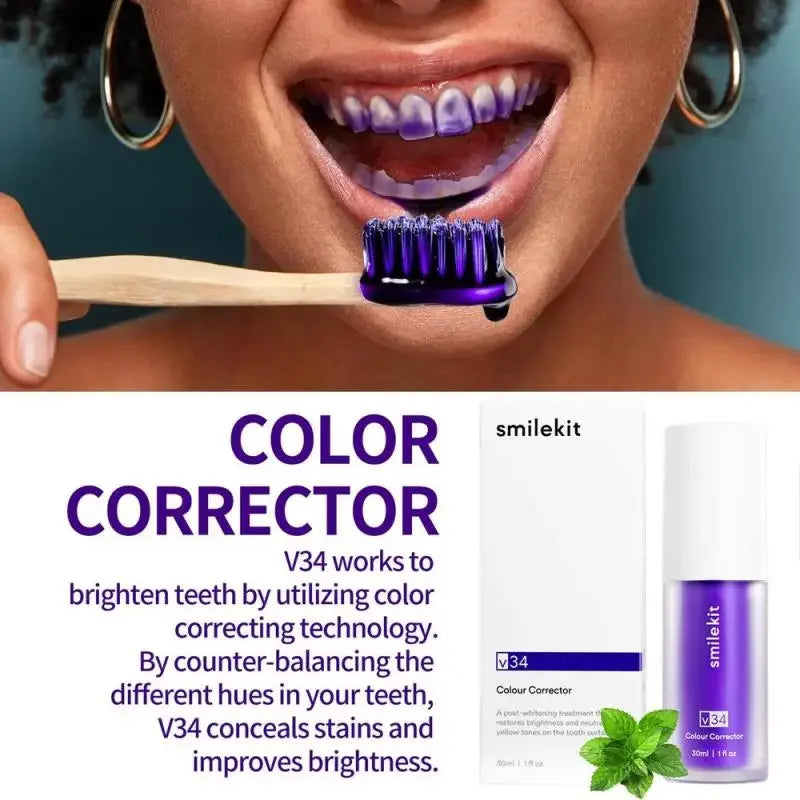 Hismile v34 Colour Corrector, Tooth Stain Removal, Teeth Whitening 
Purple Toothpaste 30ml (Removes Tartar  V34 SmileKit Clean Oral Hygiene Fresh Breath Whitening Teeth Care Products)