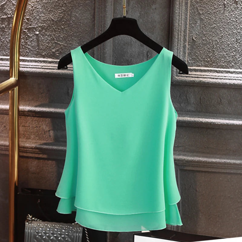 Women's Sleeveless Chiffon Shirt (Solid V-neck Casual Blouse Plus Size 5XL Loose Female Top)