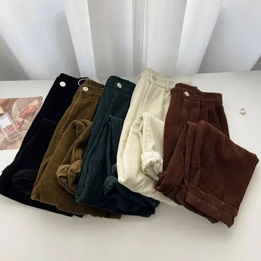 Vintage Retro High Waist Corduroy Pants Women Spring Fall Straight Causal Full Length Trousers Korean Fashion Baggy All Match Black Pant